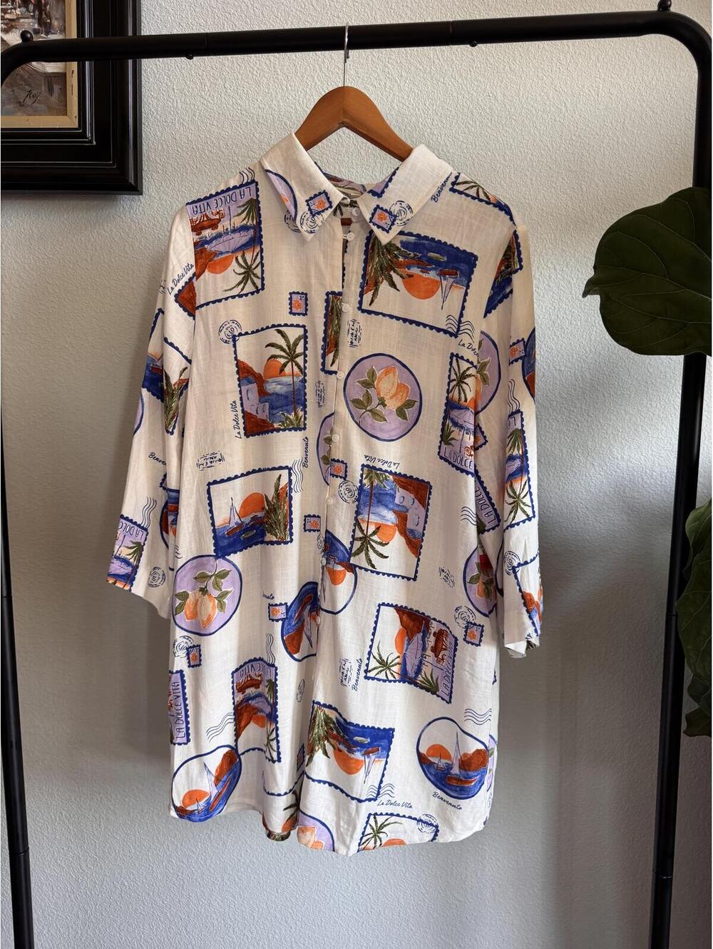 Label of Love Blue Moon La Dolce Vita Linen Blend Resort Tunic Shirt XL NWT
